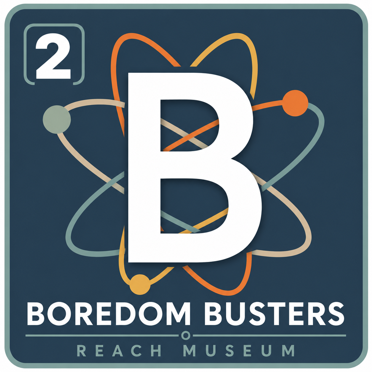 B² Boredom Busters logo for the REACH Museum featuring a modern science-inspired atomic design and bold educational program branding.