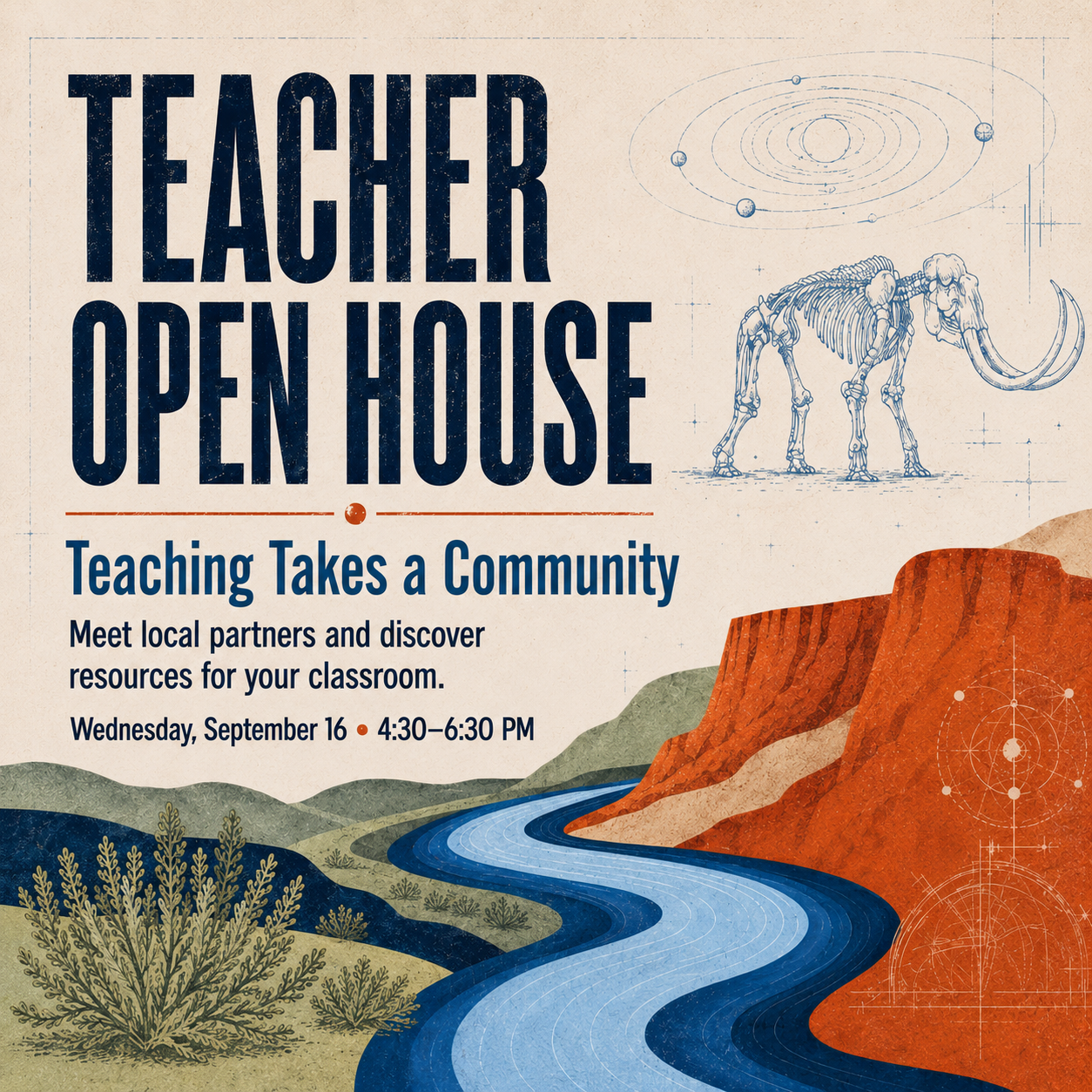 Teacher Open House graphic featuring the Columbia River, regional bluffs, native plants, a mammoth skeleton, and scientific illustrations.