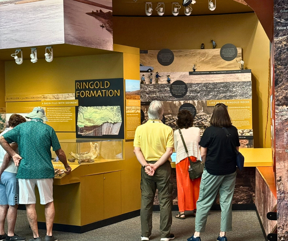 Visitors explore a geology exhibit inside the REACH Museum, reading interpretive panels and engaging with hands-on displays.