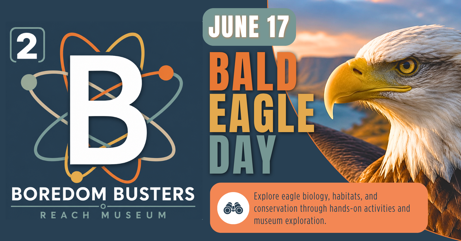 B² Boredom Busters Bald Eagle Day event graphic featuring a bald eagle and hands-on STEAM activities at the REACH Museum.