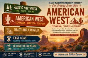 Vintage-style directional signpost illustrating five regions of the United States: Pacific Northwest, American West, Heartland & Midwest, East Coast, and Beyond the Mainland, featuring symbolic icons for each region, with the REACH Museum building in the background.