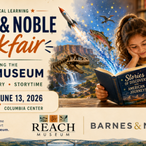 Promotional graphic for the Barnes & Noble Bookfair benefitting the REACH Museum on Saturday, June 13, 2026, featuring a REACH-led Storytime at 1:00 PM, books, science, nature, and discovery-themed imagery.