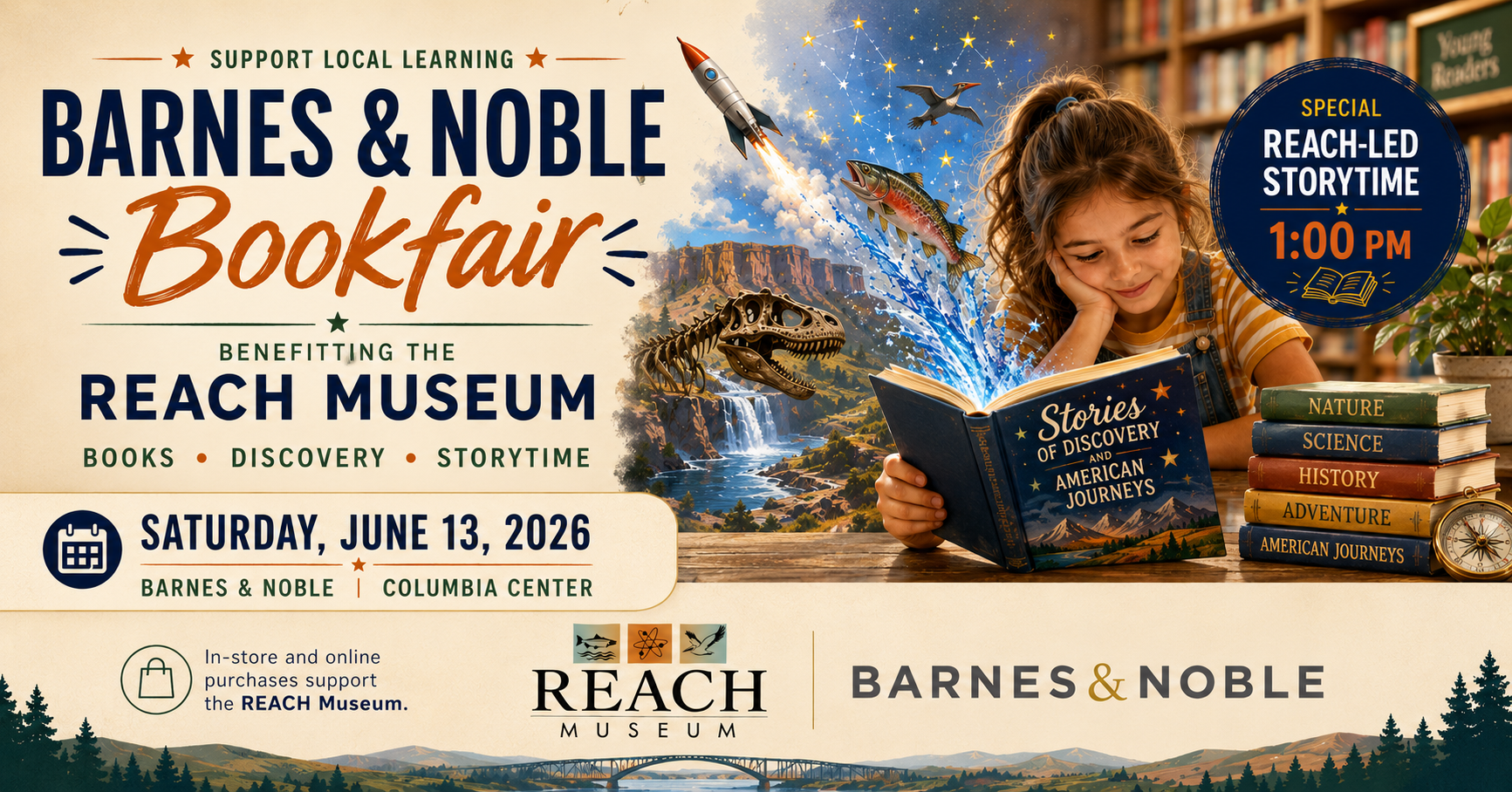 Promotional graphic for the Barnes & Noble Bookfair benefitting the REACH Museum on Saturday, June 13, 2026, featuring a REACH-led Storytime at 1:00 PM, books, science, nature, and discovery-themed imagery.