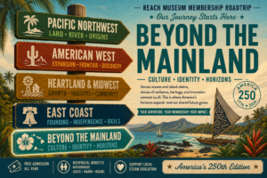 Vintage-style directional signpost showing five U.S. regions: Pacific Northwest, American West, Heartland & Midwest, East Coast, and Beyond the Mainland, each with symbolic icons, positioned in front of the REACH Museum building and shrub-steppe landscape.
