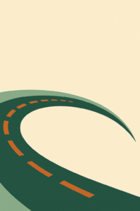 Stylized graphic illustration of a winding road curving into the distance, featuring dark green pavement with orange center lines on a warm cream background. The minimalist design evokes travel, exploration, and a road trip theme.