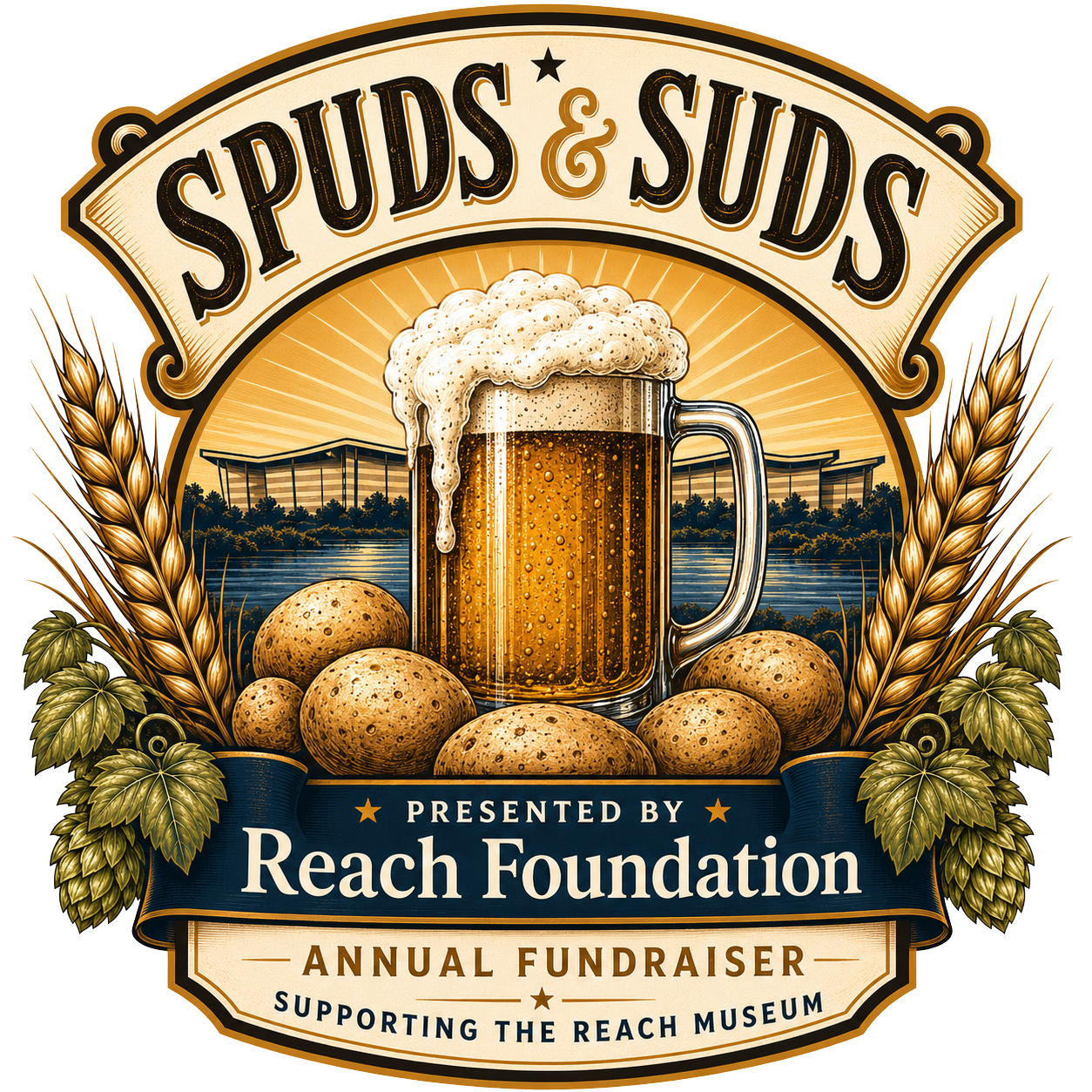 Spuds & Suds 2026 annual fundraiser logo presented by Reach Foundation, featuring a beer mug, potatoes, wheat, hops, and the REACH Museum roofline. Fundraising event supporting the REACH Museum in Richland, Washington.