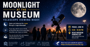 Wide promotional banner for Moonlight at the Museum Telescope Viewing Night featuring a large moon, telescope, silhouetted families observing the night sky in the REACH Museum parking lot, and event details for June 19 in Richland, Washington.
