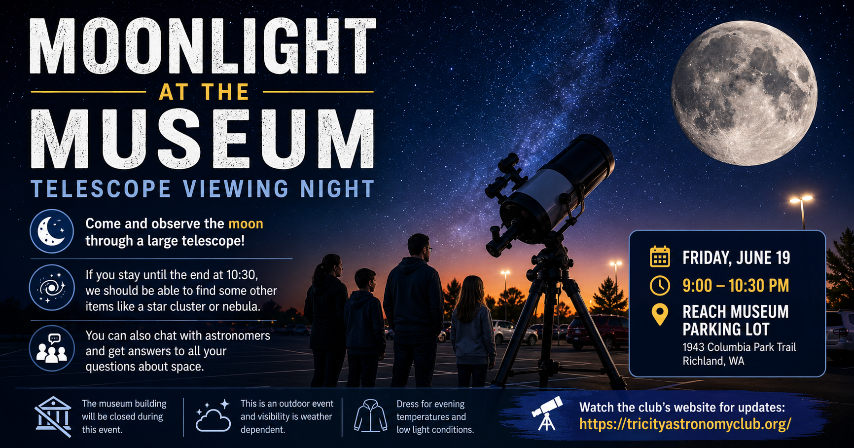 Wide promotional banner for Moonlight at the Museum Telescope Viewing Night featuring a large moon, telescope, silhouetted families observing the night sky in the REACH Museum parking lot, and event details for June 19 in Richland, Washington.