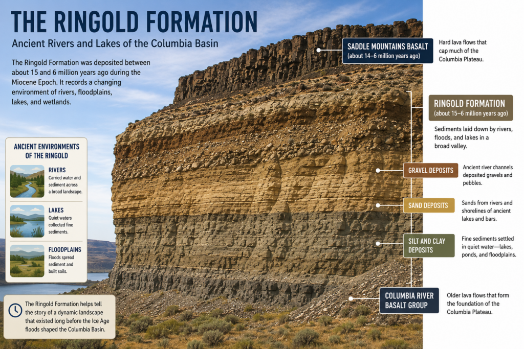 Educational diagram of the Ringold Formation showing layers of gravel, sand, silt, and clay deposits beneath Saddle Mountains Basalt in the Columbia Basin of eastern Washington.
