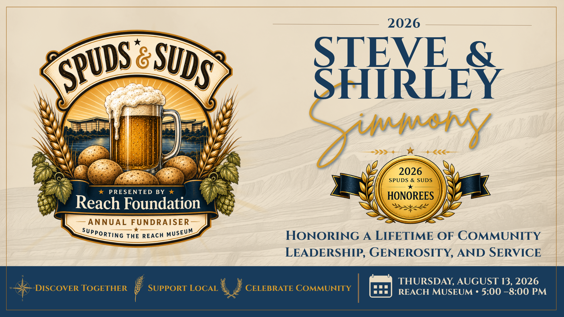 2026 Spuds & Suds honors Steve and Shirley Simmons for their leadership, generosity, and commitment to the Mid-Columbia community at the REACH Museum fundraiser.