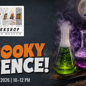 Colorful bubbling science experiments, an owl, bats, and a full moon promoting STEAM Workshop: Spooky Science at the REACH Museum.