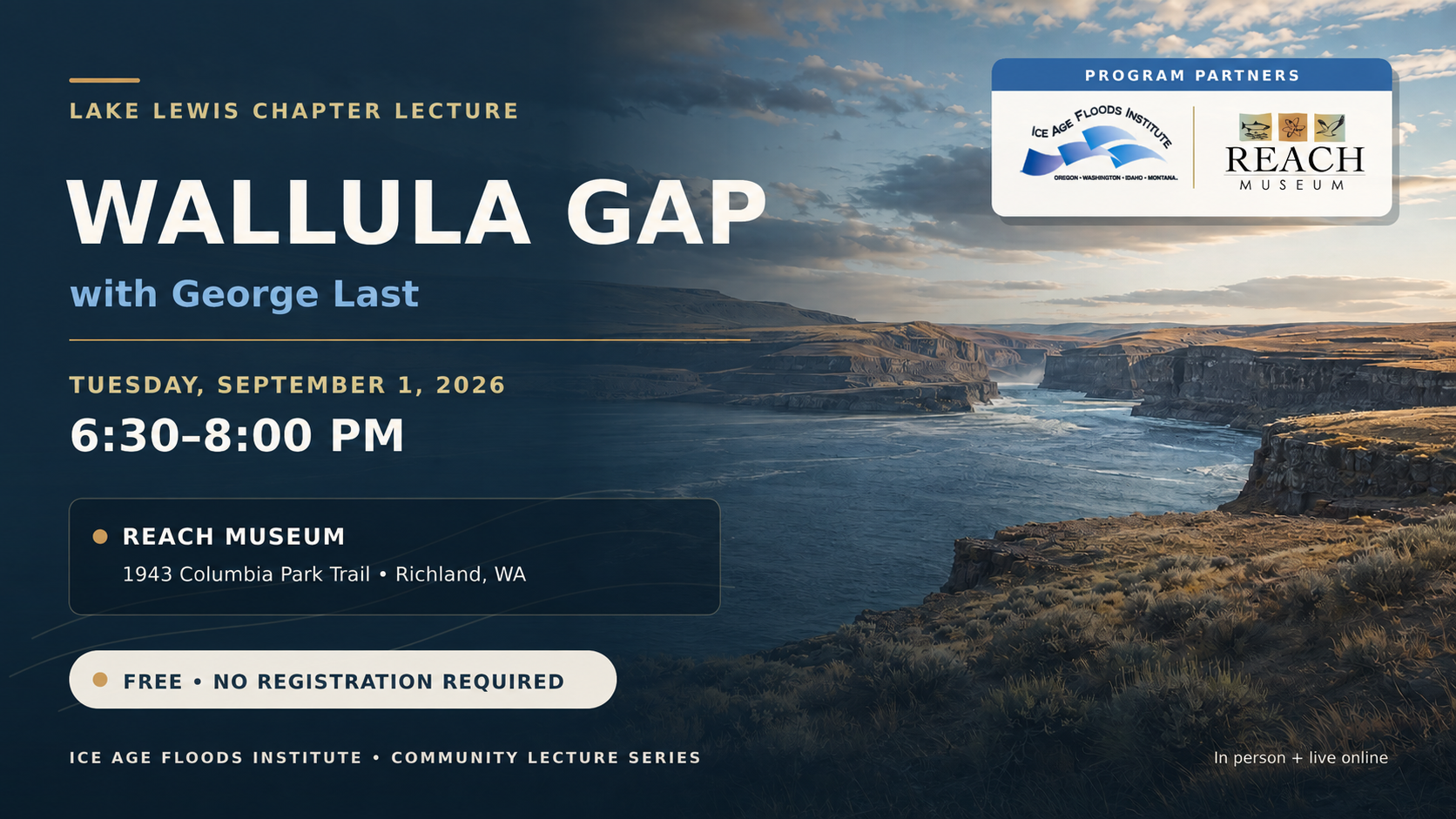Lake Lewis Chapter lecture graphic for Wallula Gap with George Last at the REACH Museum on September 1, 2026.