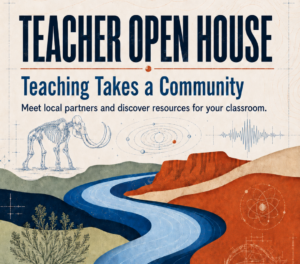 Teacher Open House graphic featuring a Columbia River landscape, mammoth fossil, solar system, seismic waves, and regional learning themes.