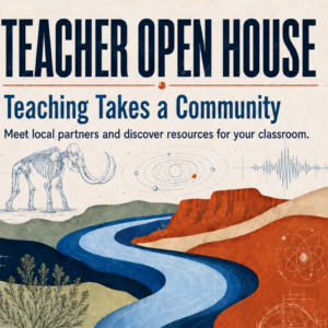 Teacher Open House graphic featuring a Columbia River landscape, mammoth fossil, solar system, seismic waves, and regional learning themes.