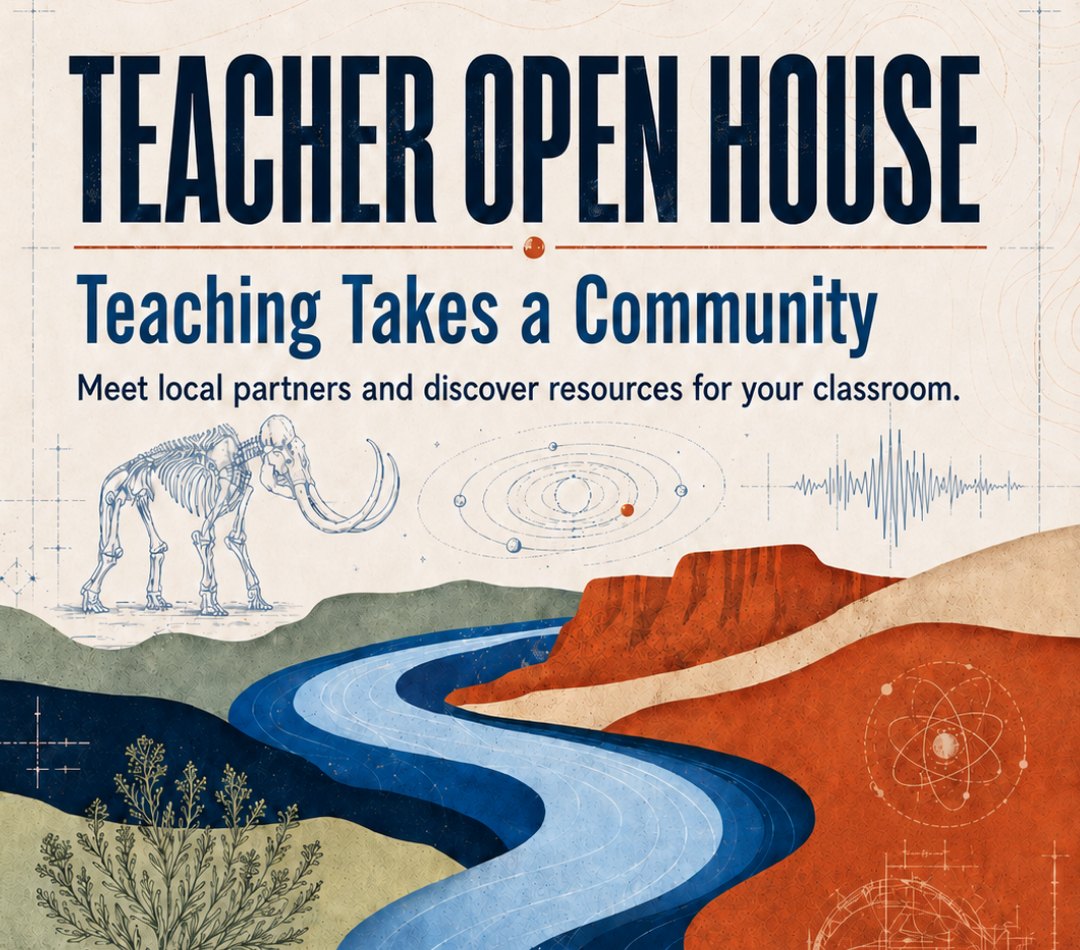 Teacher Open House graphic featuring a Columbia River landscape, mammoth fossil, solar system, seismic waves, and regional learning themes.