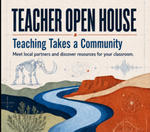Teacher Open House graphic featuring a Columbia River landscape, mammoth fossil, solar system, seismic waves, and regional learning themes.