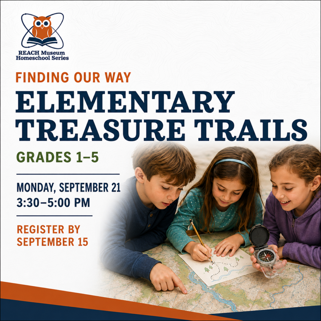 Elementary students use a map and compass during the Treasure Trails homeschool class at the REACH Museum.
