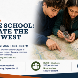 Middle school students examine a regional map and use a compass during the Navigate the Northwest homeschool class at the REACH Museum.
