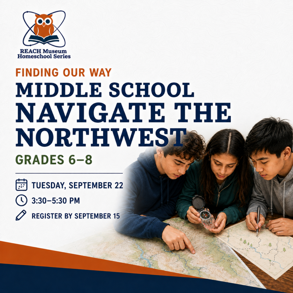 Middle school students examine a regional map and use a compass during the Navigate the Northwest homeschool class at the REACH Museum.