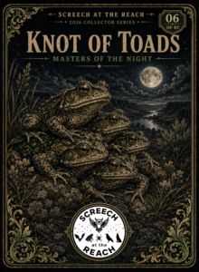 Illustrated toads gathered among grasses and rocks beneath a full moon, with an ornate gold border.