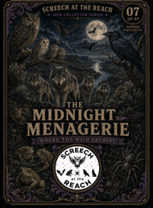 Illustrated owls, ravens, bats, wolves, spiders and toads together in a moonlit scene on the members-only collector card.