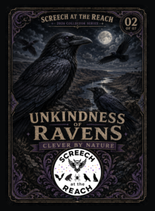 Illustrated ravens perched and flying above a moonlit river canyon, with purple and gold decoration.