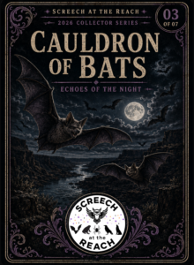 Illustrated bats flying over a river canyon beneath a full moon, framed by a purple and gold border.