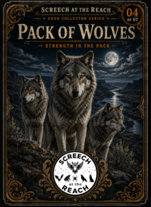 Illustrated wolves standing together in a moonlit canyon, surrounded by an ornate gold border.