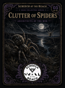 Illustrated spiders and intricate webs against a moonlit canyon, framed by purple and gold decoration.